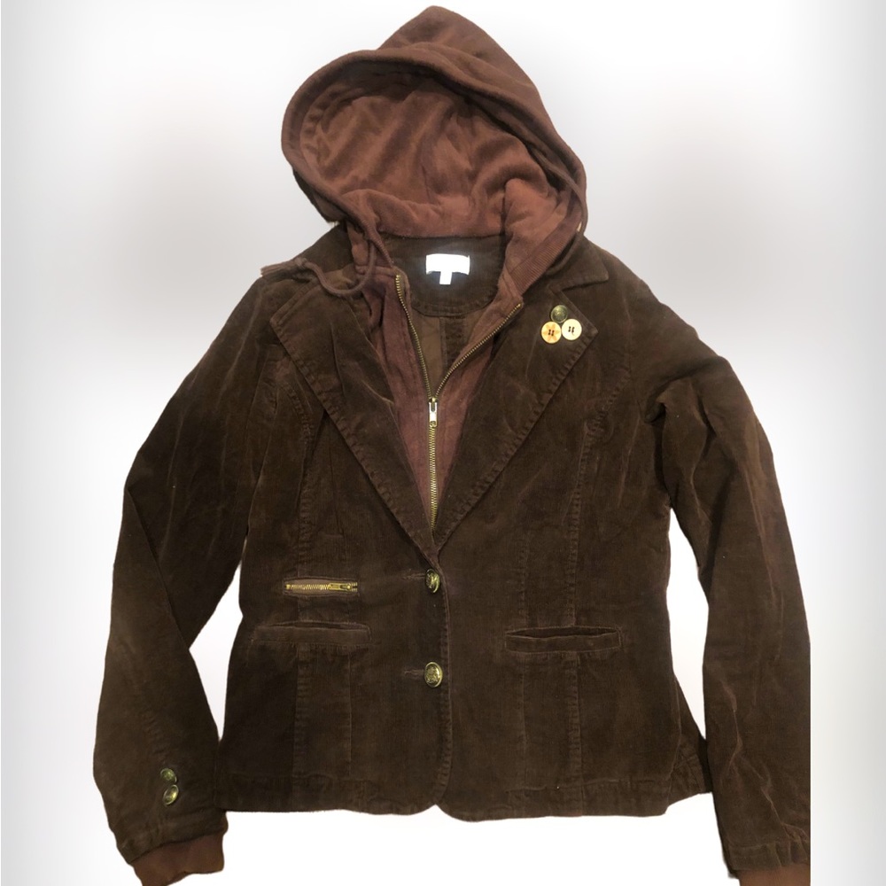 Maurices Super Cute & Warm Brown Corduroy Zip & Button Up Hooded Jacket SZ S